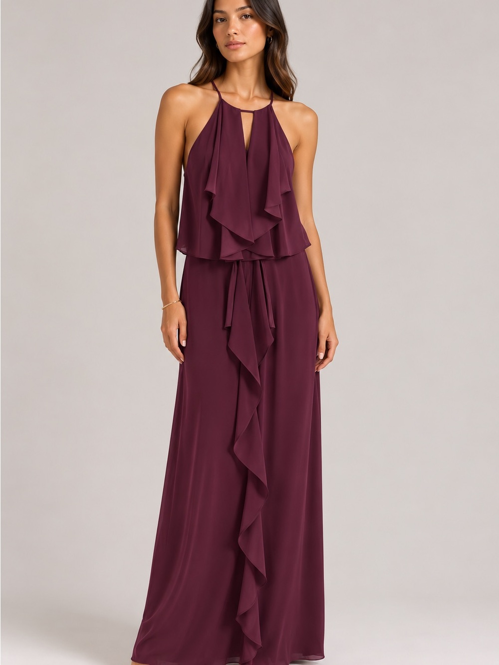BCBGMaxAzria Plum Halter Ruffle Maxi Dress